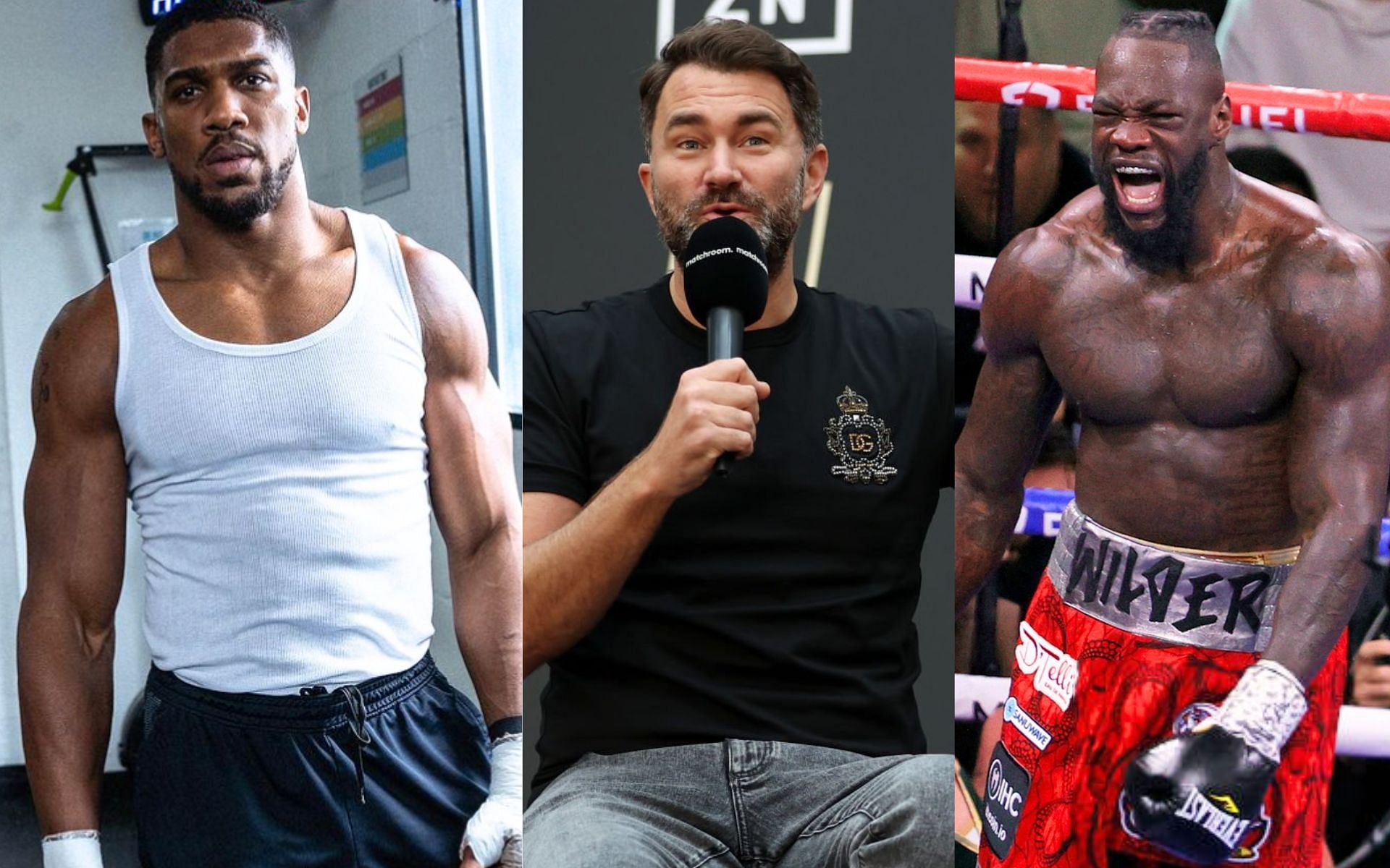 Anthony Joshua (left), Eddie Hearn (middle) and Deontay Wilder (right) [Images Courtesy: @GettyImages and @anthonyjoshua on Instagram]