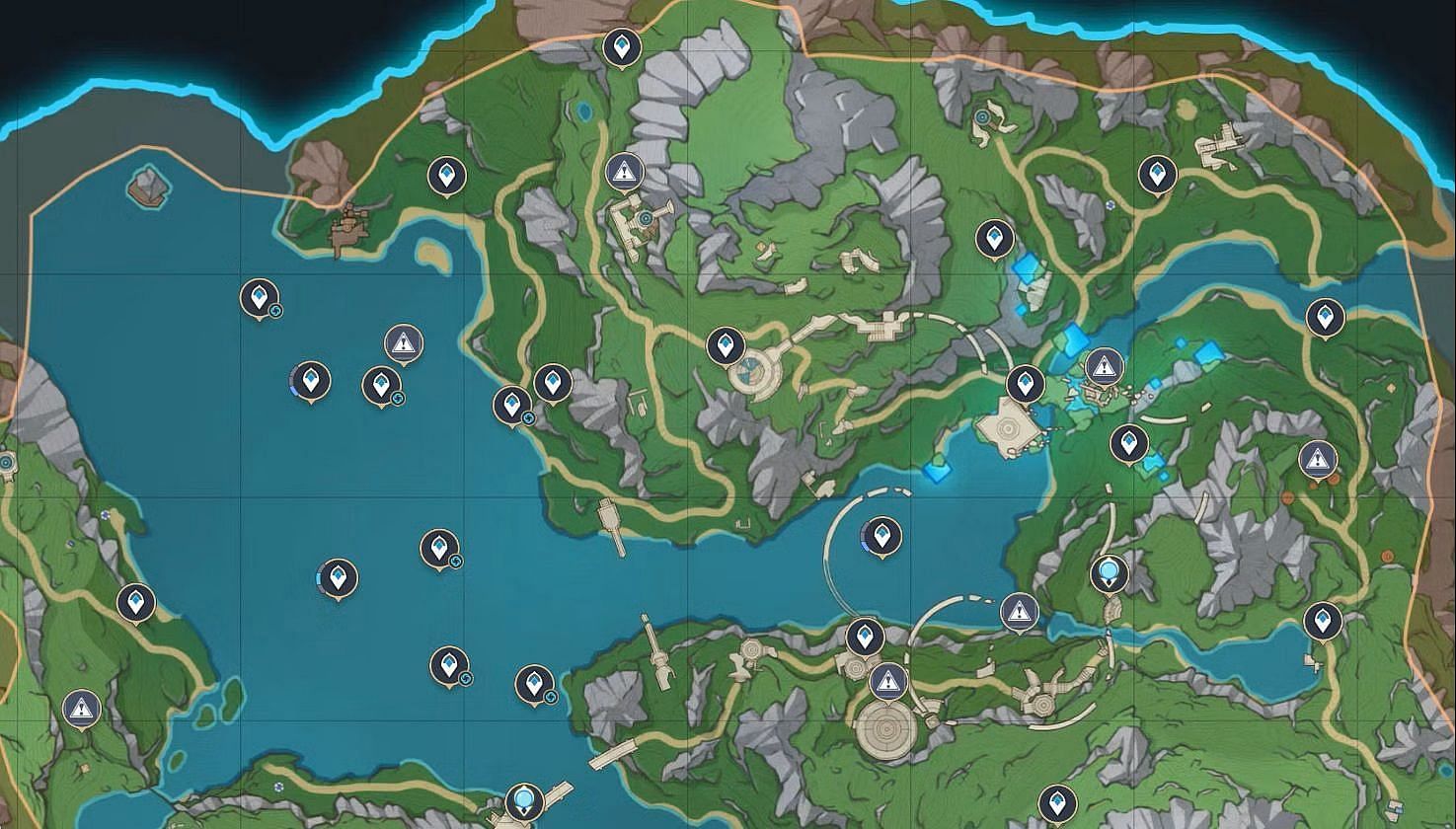 All seven Mysterious Ore locations marked on the map (Image via Sportskeeda)