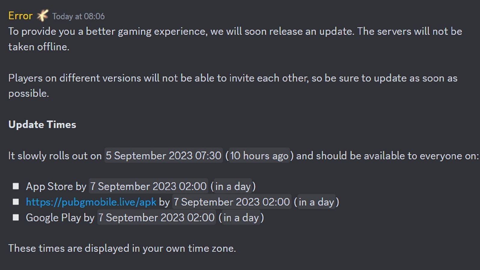 Snippet from PUBG Mobile&#039;s Discord server showing the 2.8 update schedule (Image via Discord)