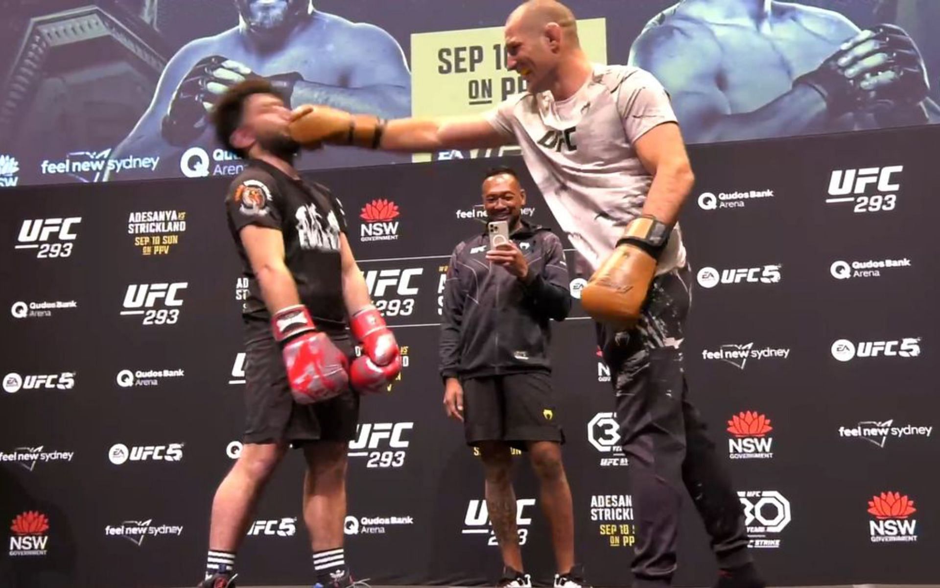 Sean Strickland spars a fan. [via YouTube MMAFightingonSBN]