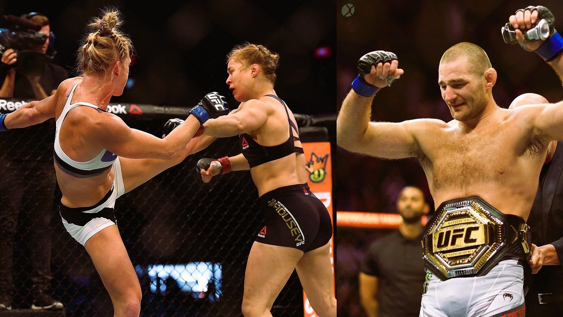 Rousey vs. Holm (left) and Sean Strickland