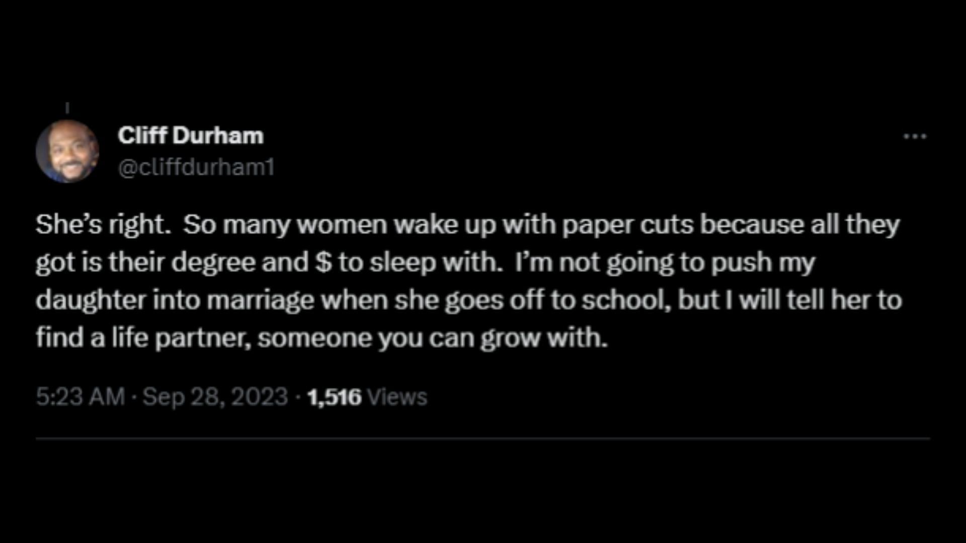 Screenshot of an X user remarking on Williams&#039; advice to Black women on marriage. (Photo via @theGrio/X)