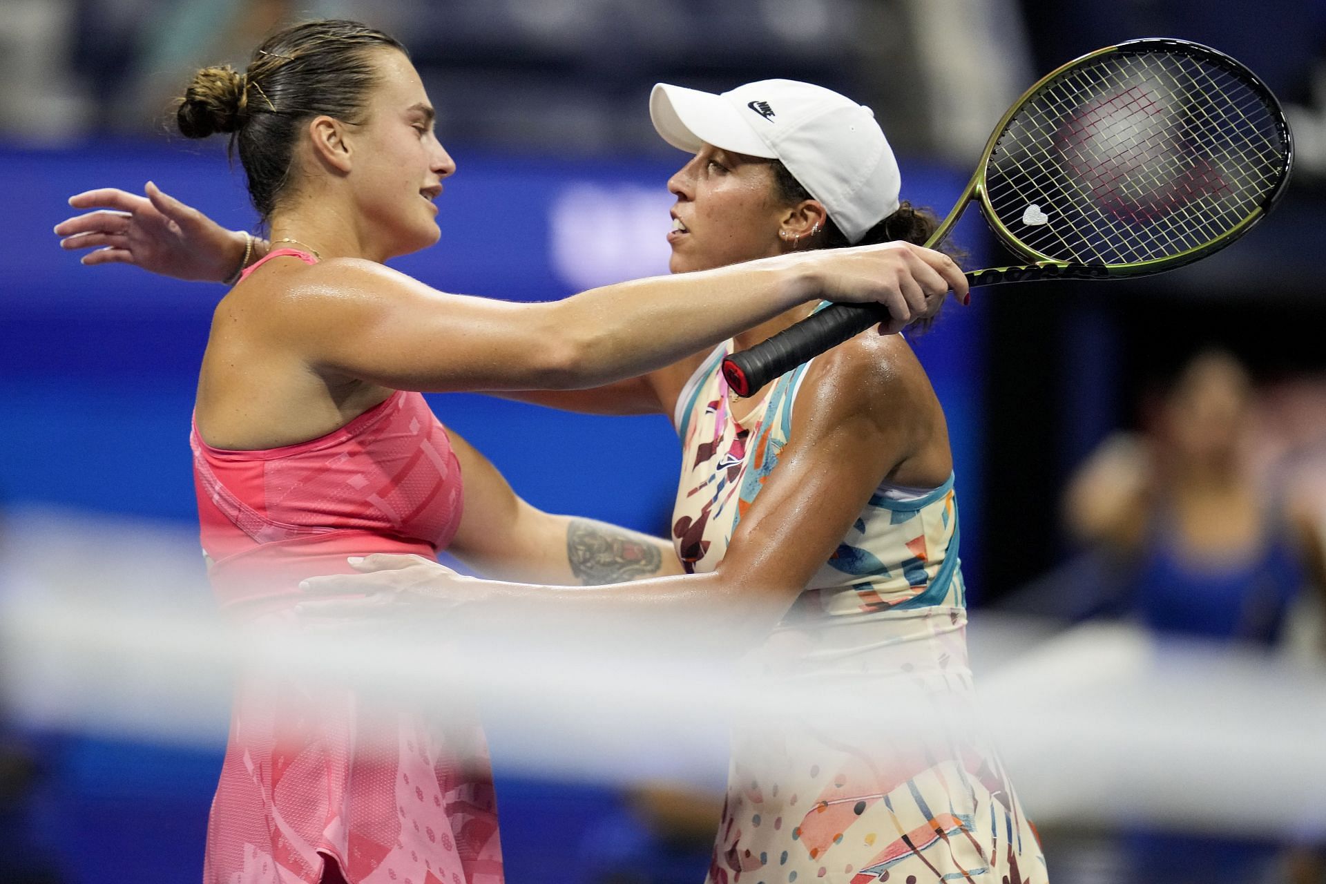 Aryna Sabalenka hugs Madison Keys after their 2023 US Open semifinal match.