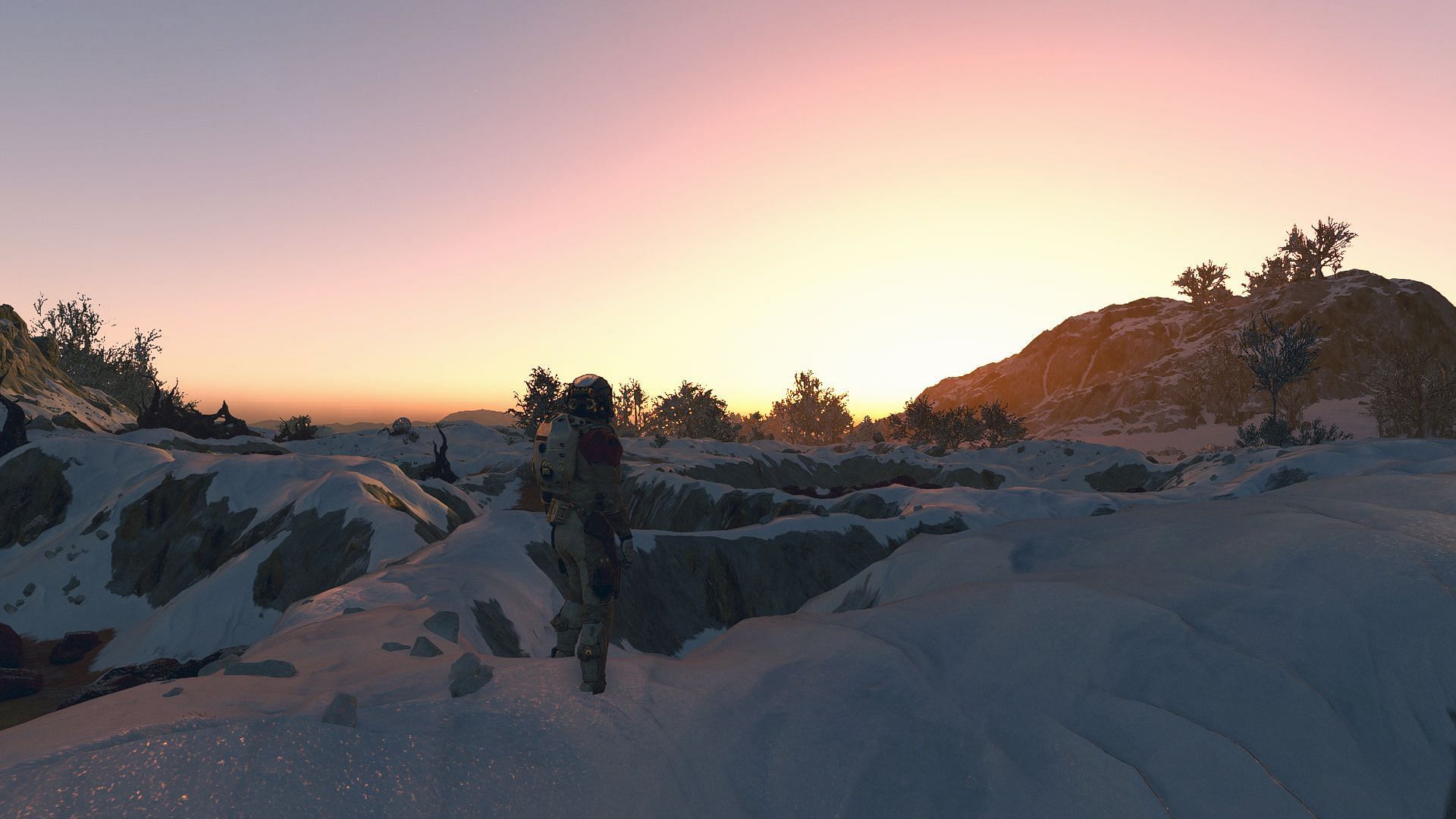 Watching the sunrise over the horizon while standing on a snowy planet (Image via Bethesda Softworks)