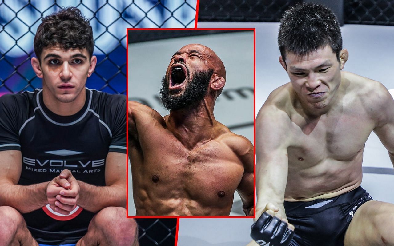 Mikey Musumeci (left), Demetrious Johnson (inset), Shinya Aoki (right).