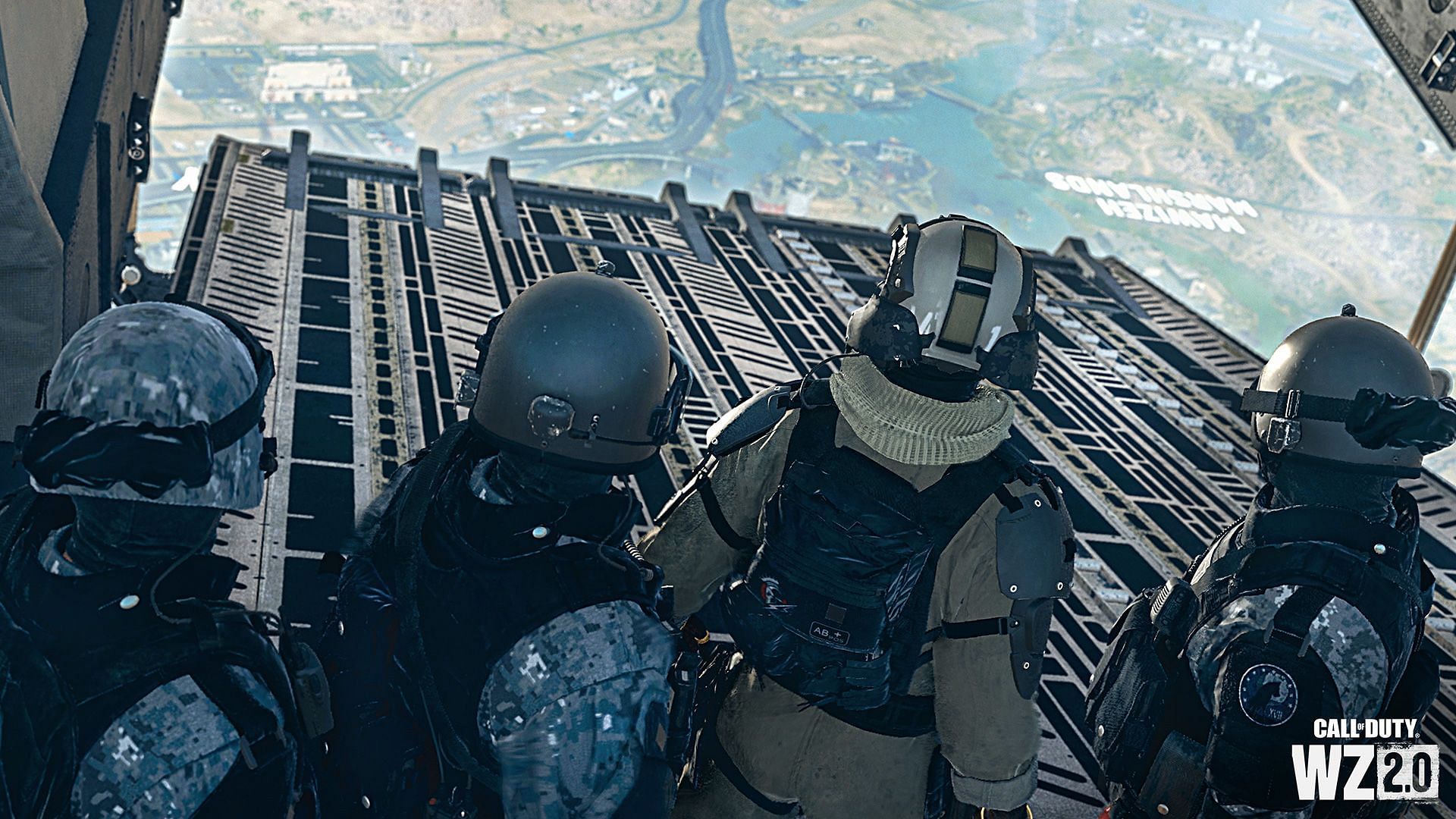 Four Operators about to jump from a plane onto Al Mazrah.