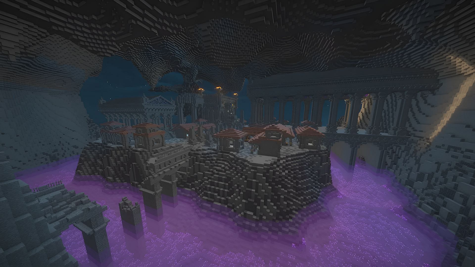 This town build utilizes basic Minecraft blocks and a well-made amethyst pool (Image via Cultofhappiness_/Reddit)