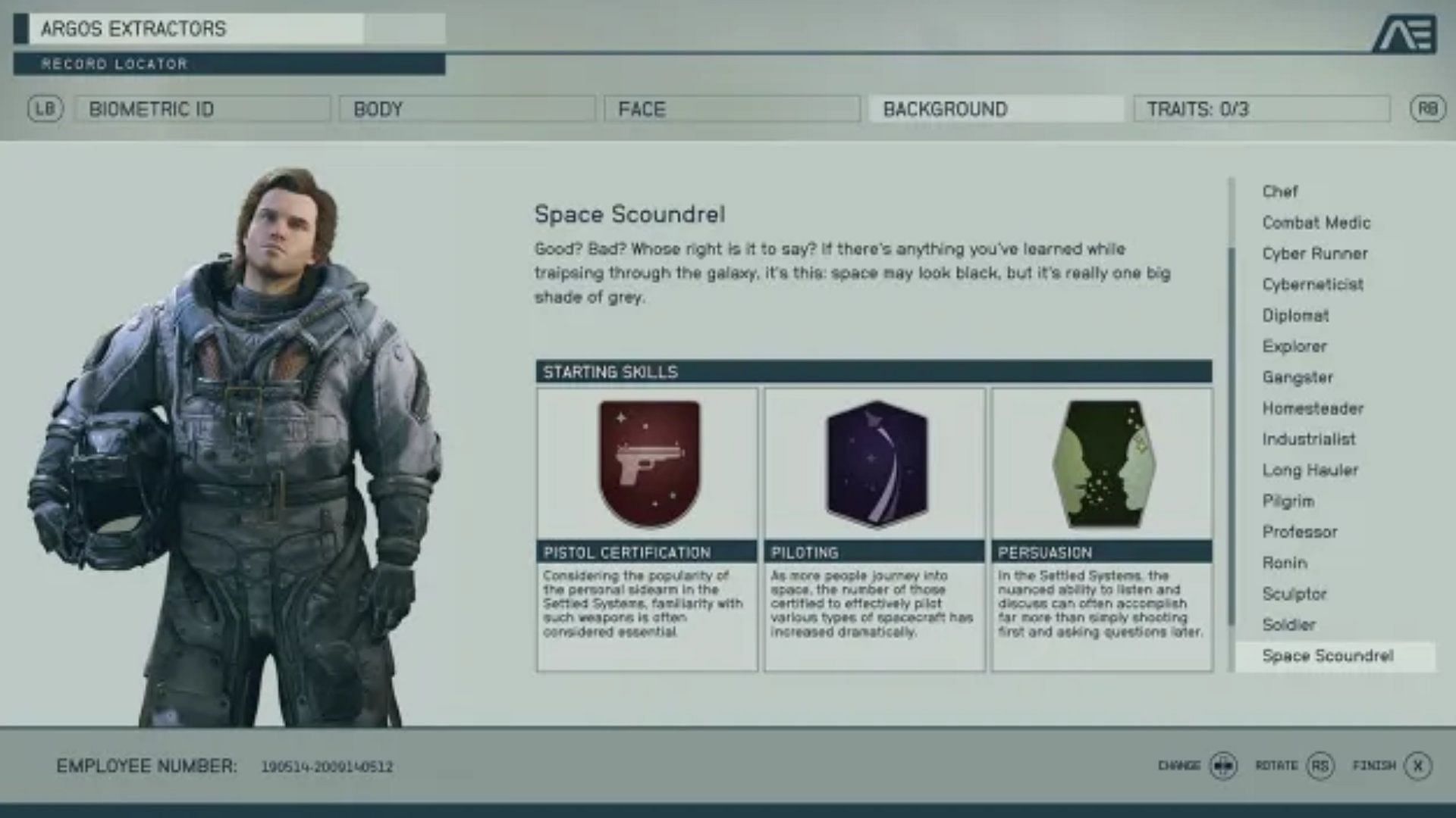 Pistol certification, Piloting, and Persuasion are the skills of Space Scoundrel (Image via Bethesda)