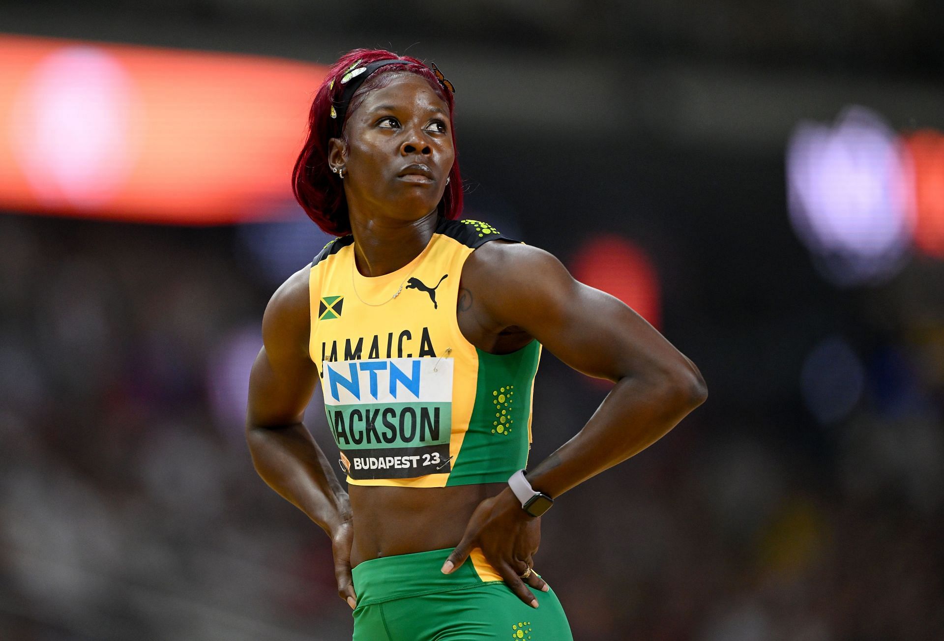 Shericka Jackson after competing in the women&#039;s 100m semi-final at the 2023 World Athletics Championships in Budapest, Hungary