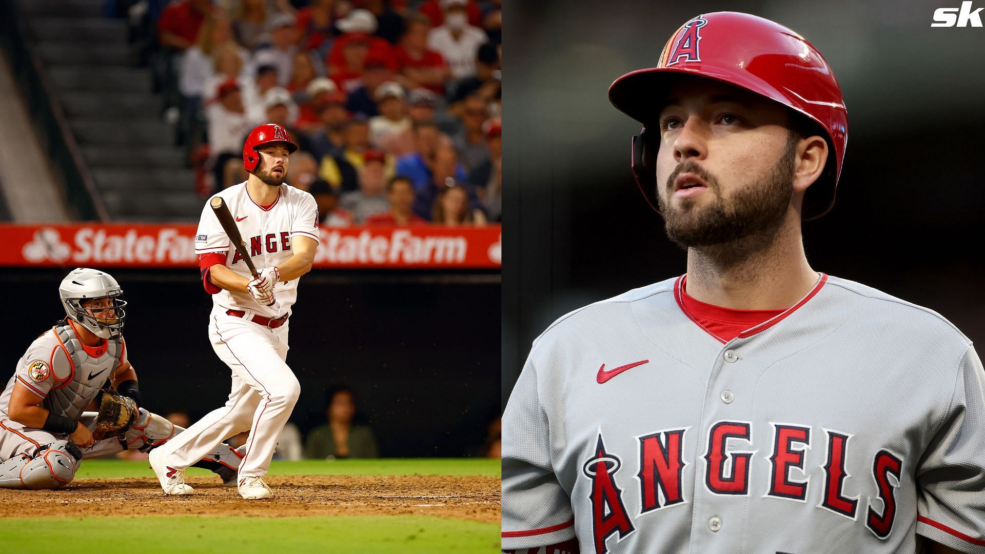 Nolan Schanuel of the Los Angeles Angels looks on during the first inning against the Seattle Mariners at T-Mobile Park