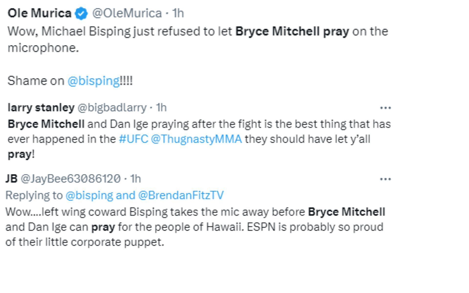 More fan reactions to Bryce Mitchell being denied to pray