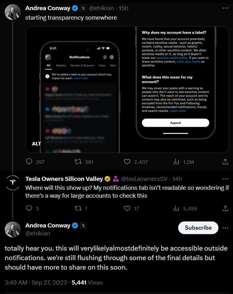 Andrea explained that the label will be accessible outside the notifications section (Image via X)