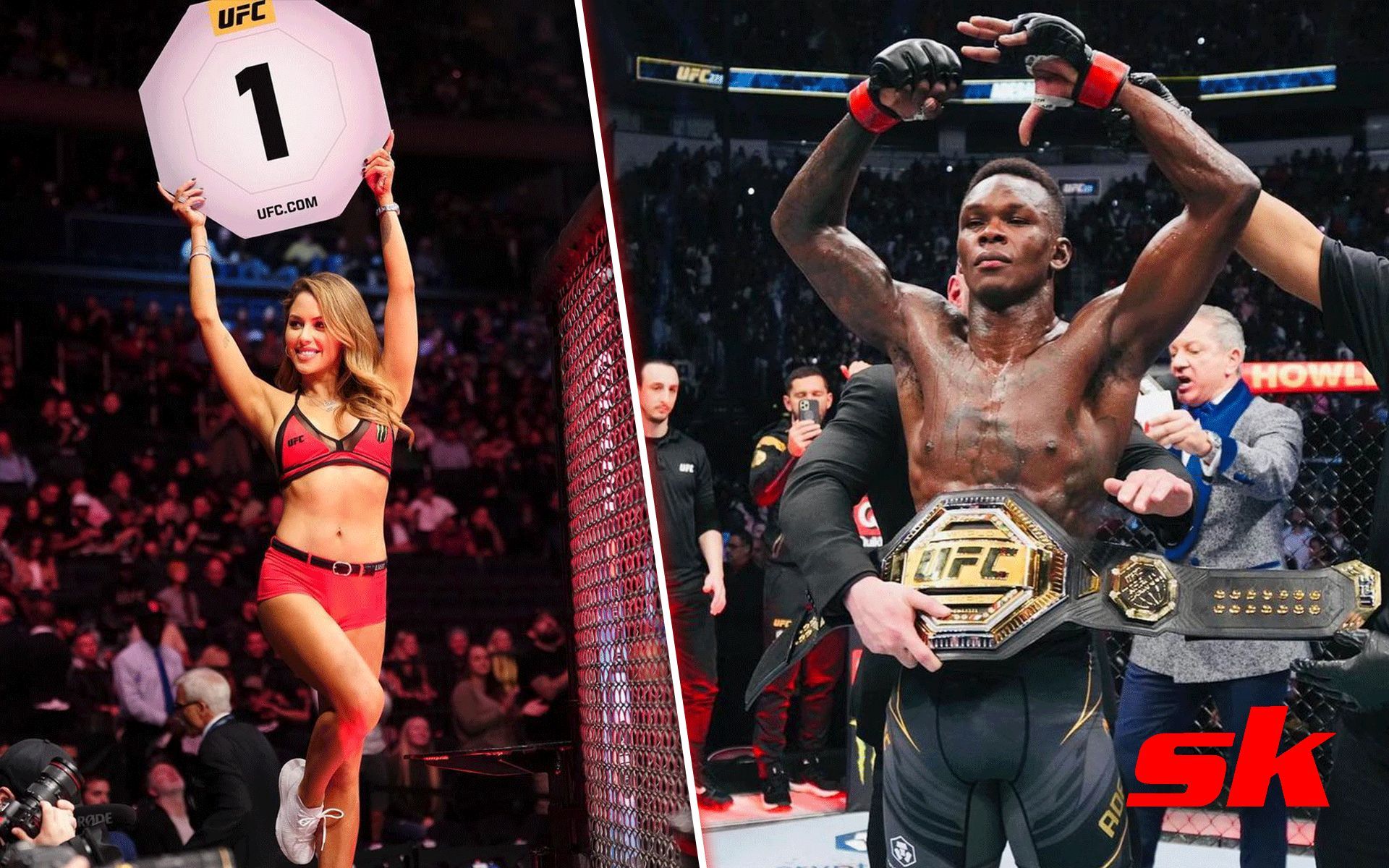 UFC ring girl Brittney Palmer (left - via @brittneypalmer), Israel Adesanya (right - via @stylebender)