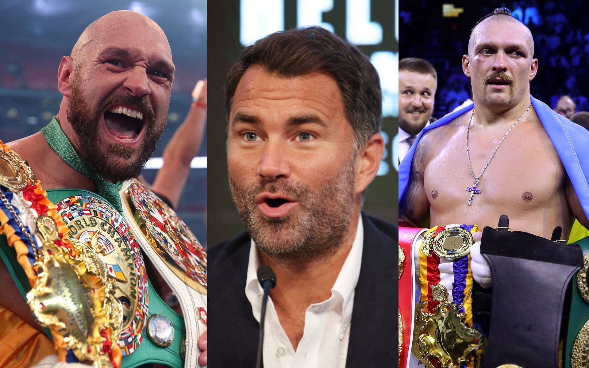Tyson Fury (left), Eddie Hearn (middle) and Oleksandr Usyk (right) [Images Courtesy: @GettyImages]