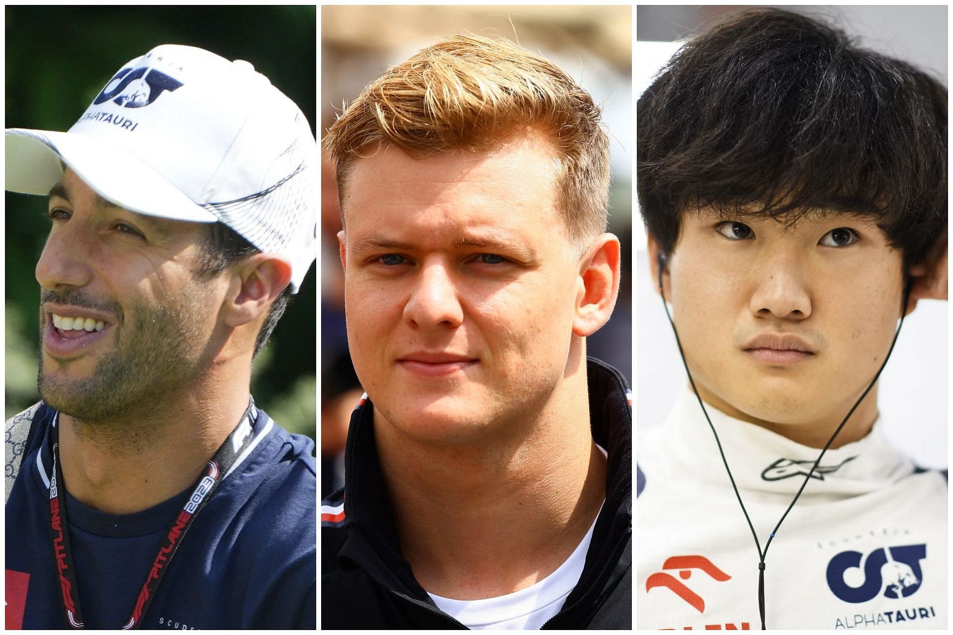 Daniel Ricciardo (L), Mick Schumacher (C), and Yuki Tsunoda (R) (Collage via Sportskeeda)