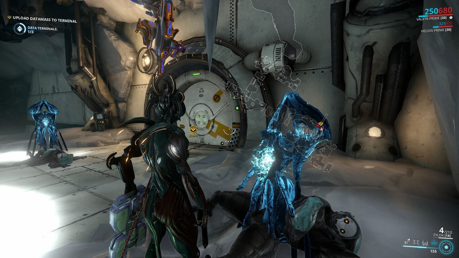 Warframe two Sentient Oculysts in the same screen with bugged behaviour, featuring Valkyr Prime