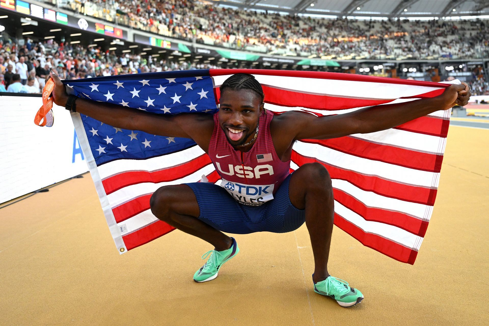 Noah Lyles celebrates after winning in the men&#039;s 100m final at the 2023 World Athletics Championships