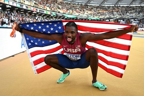 Noah Lyles celebrates after winning in the men's 100m final at the 2023 World Athletics Championships