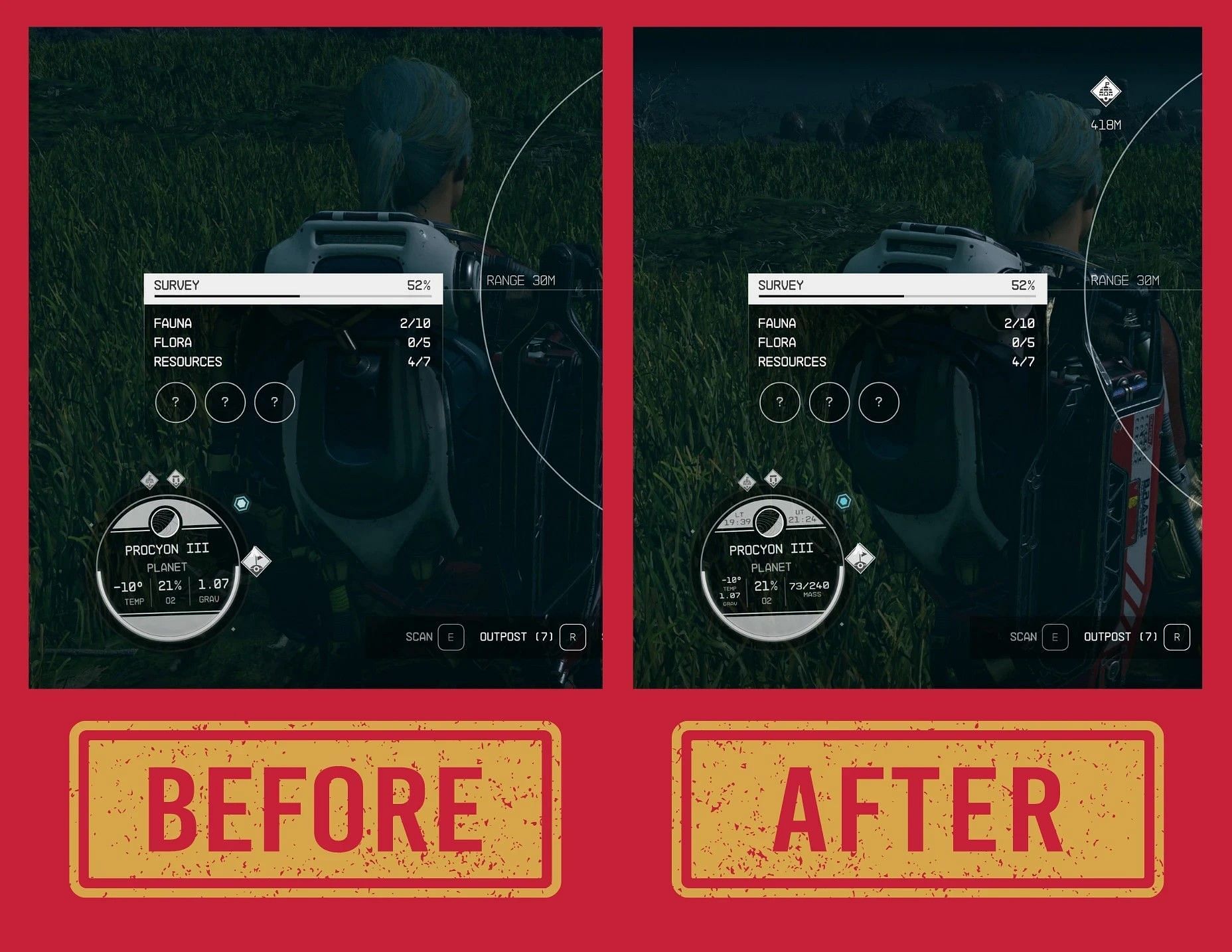 The difference in scanner after applying the mod (Image via Nexus Mods)