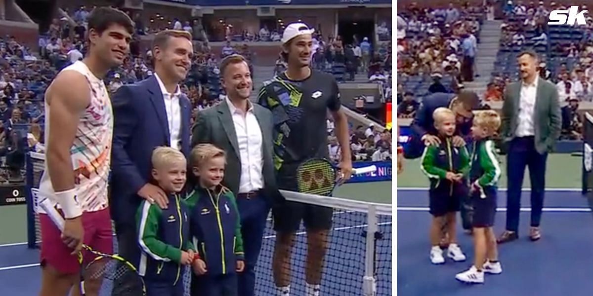 Carlos Alcaraz joined by USTA First Vice President Brian Vahaly and family during coin toss