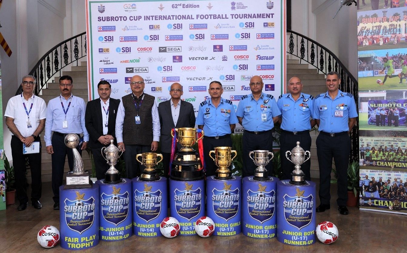 The officials of the Indian Air Force unveiling trophies of the 62nd edition of the Subroto Cup International Football Tournament in Delhi: Photo credit: Indian Air Force