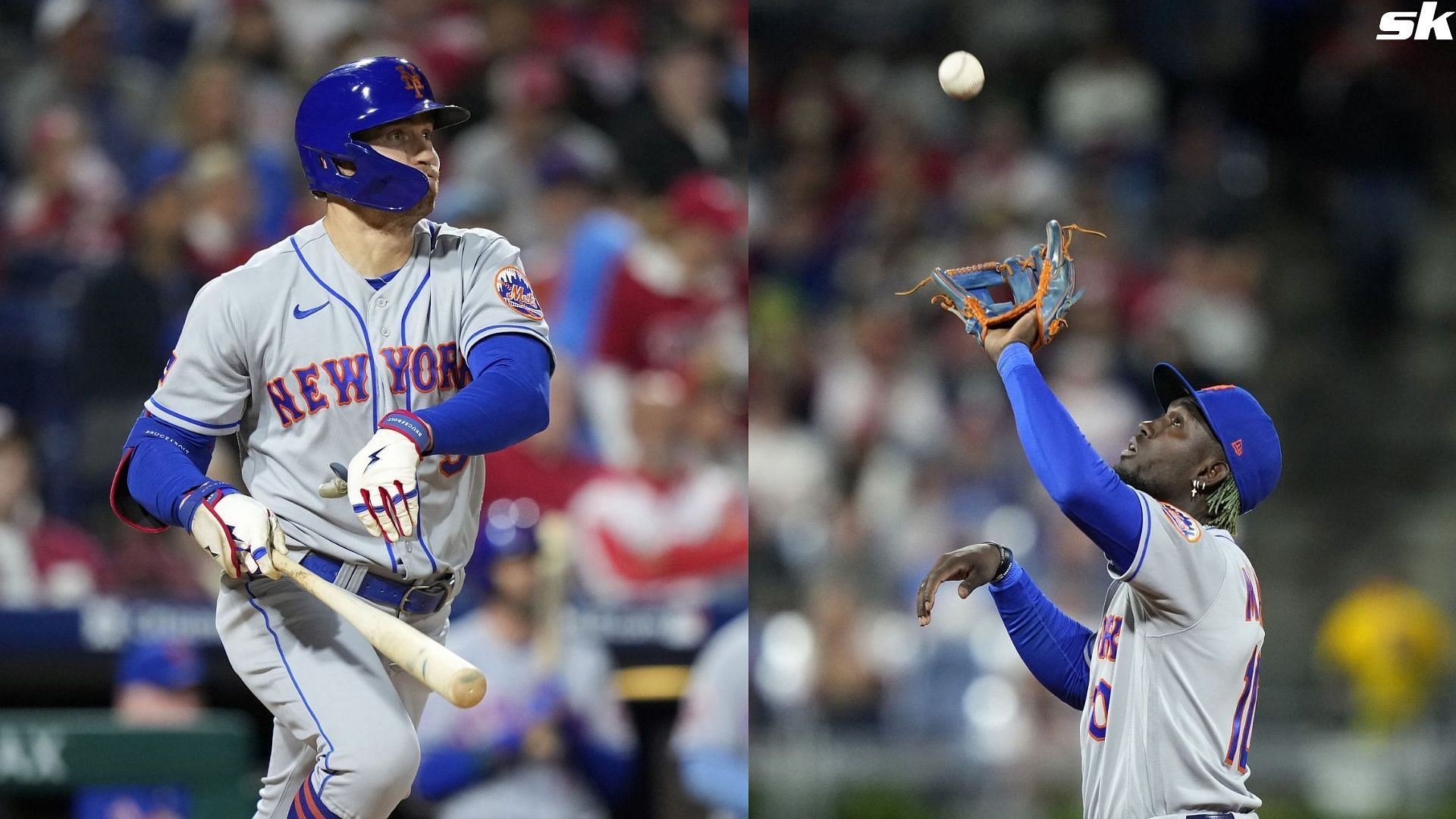 New York Mets second baseman Ronny Mauricio catches a fly out by Philadelphia Phillies