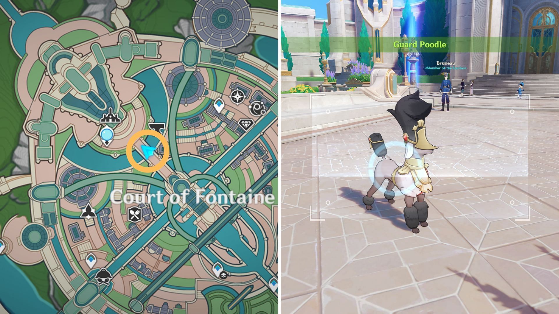 Find the first canine near the city&#039;s Statue of Seven (Image via HoYoverse)