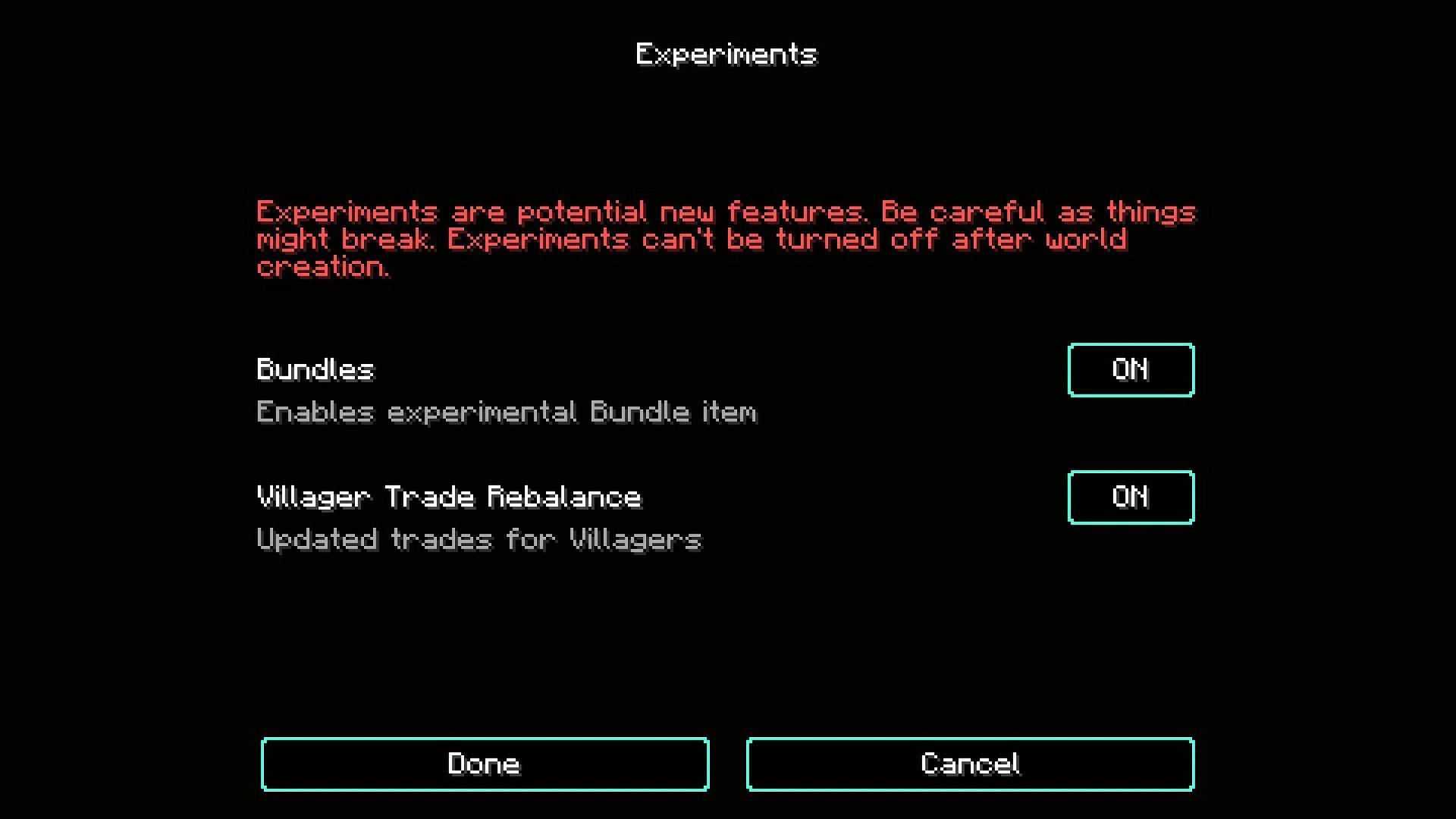 Experimental Features are just a click of a button away (Image via Mojang)