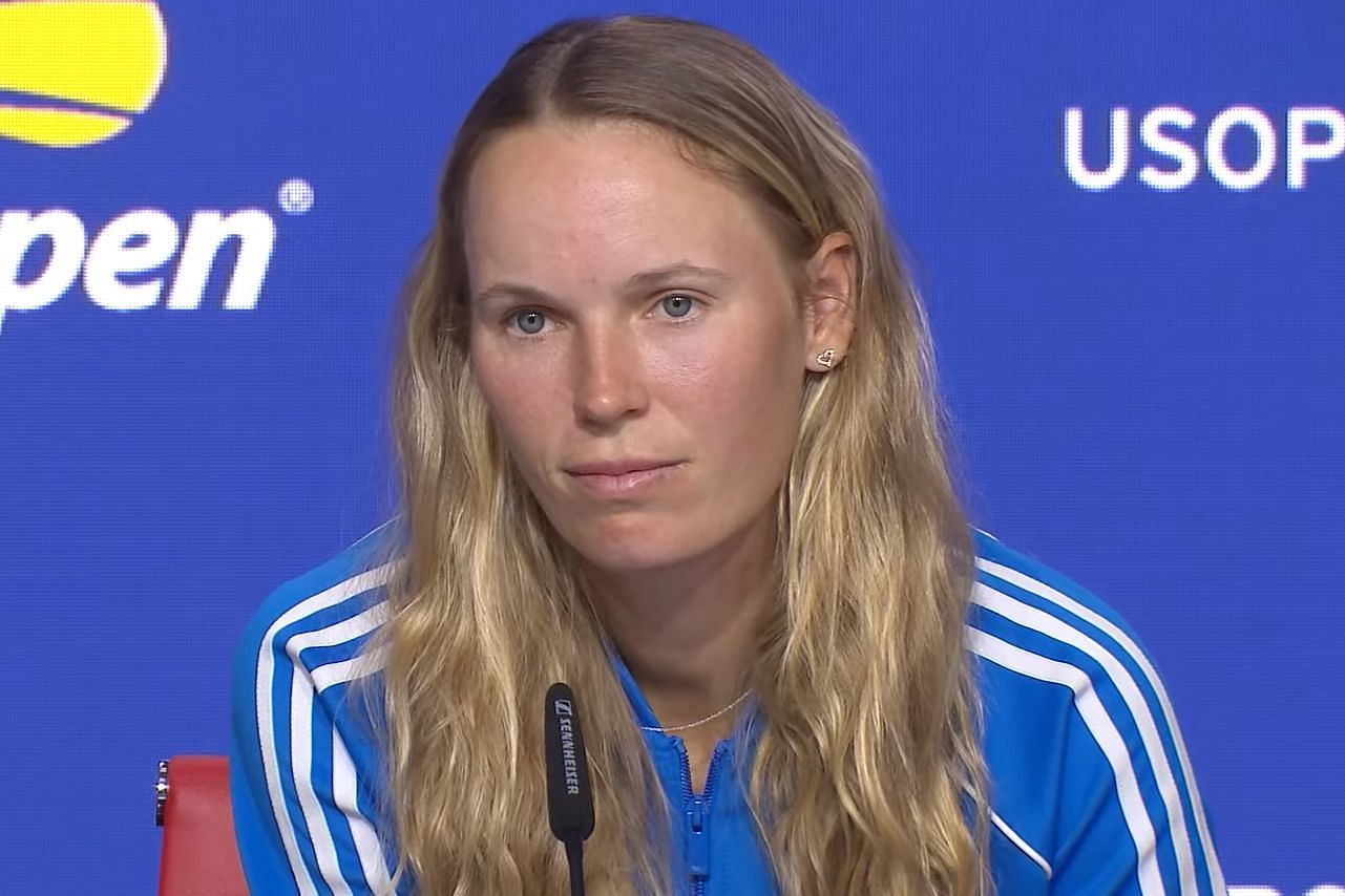 Caroline Wozniacki addresses the media.