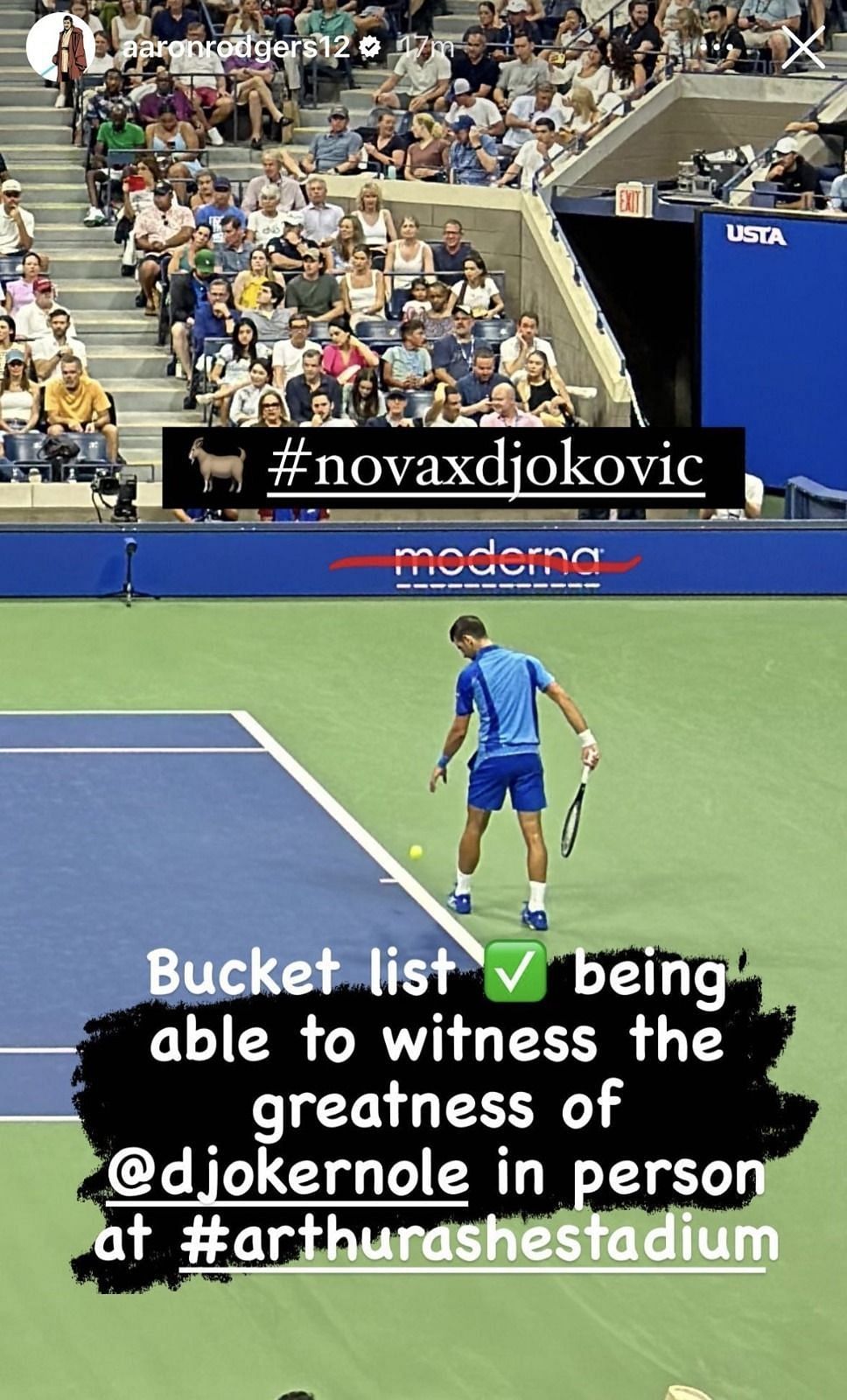 Aaron Rodgers&#039; Instagram Story at the US Open mocking his and Novak Djokovic&#039;s unvaccinated status