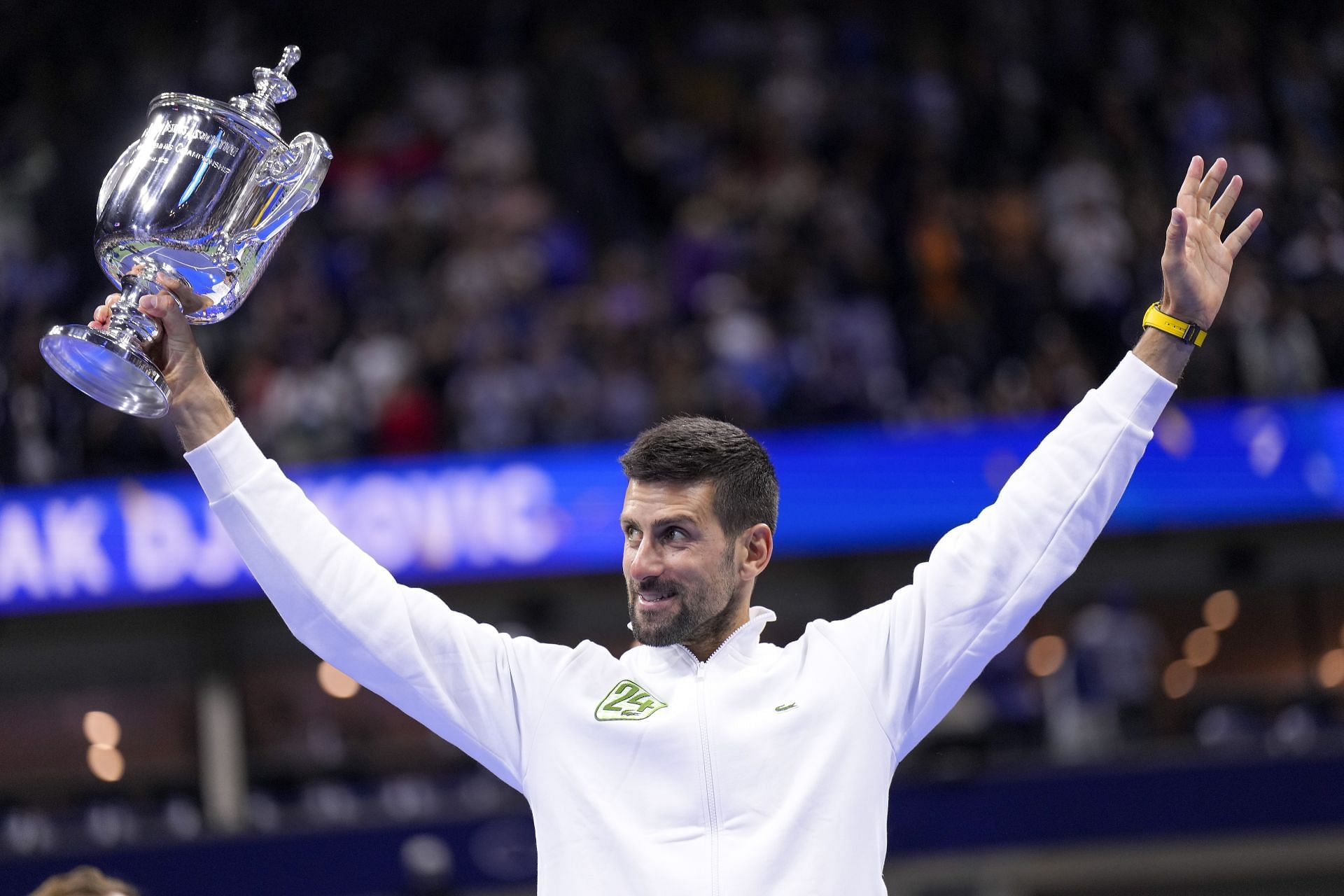 Novak Djokovic celebrates after winning the US Open.