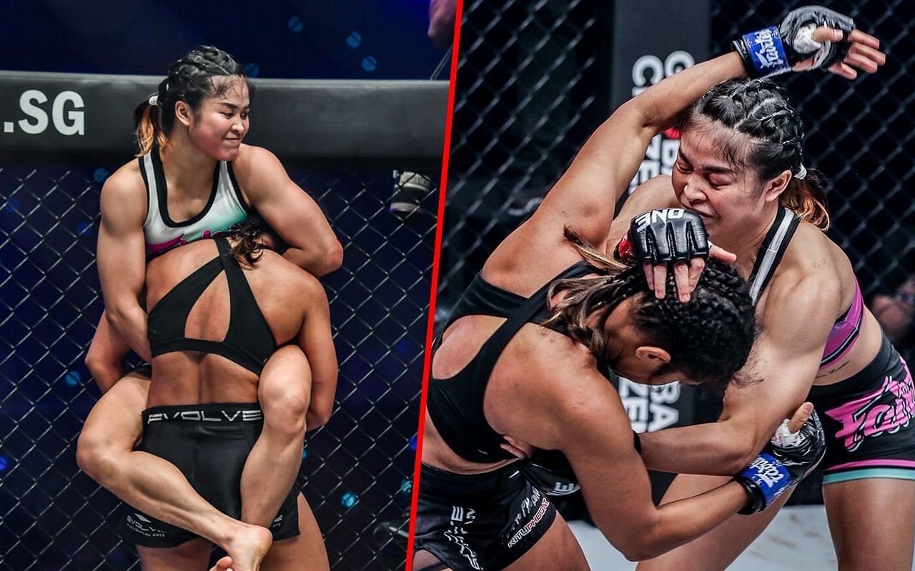 Stamp Fairtex fighting Ritu Phogat (left) and (right) | Image credit: ONE Championship