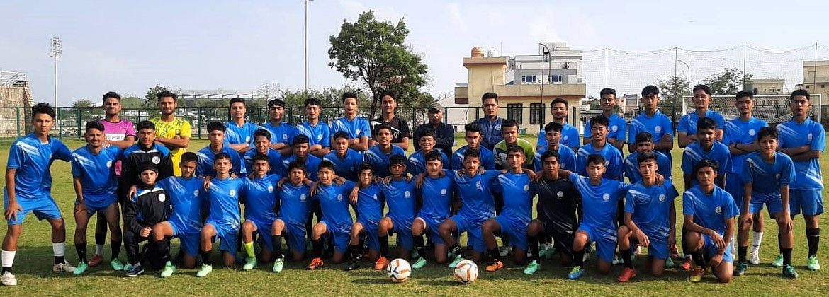 Dehradun&rsquo;s Maharana Pratap Sports College football players pose for a group photograph. Photo credit: Raju Gusain