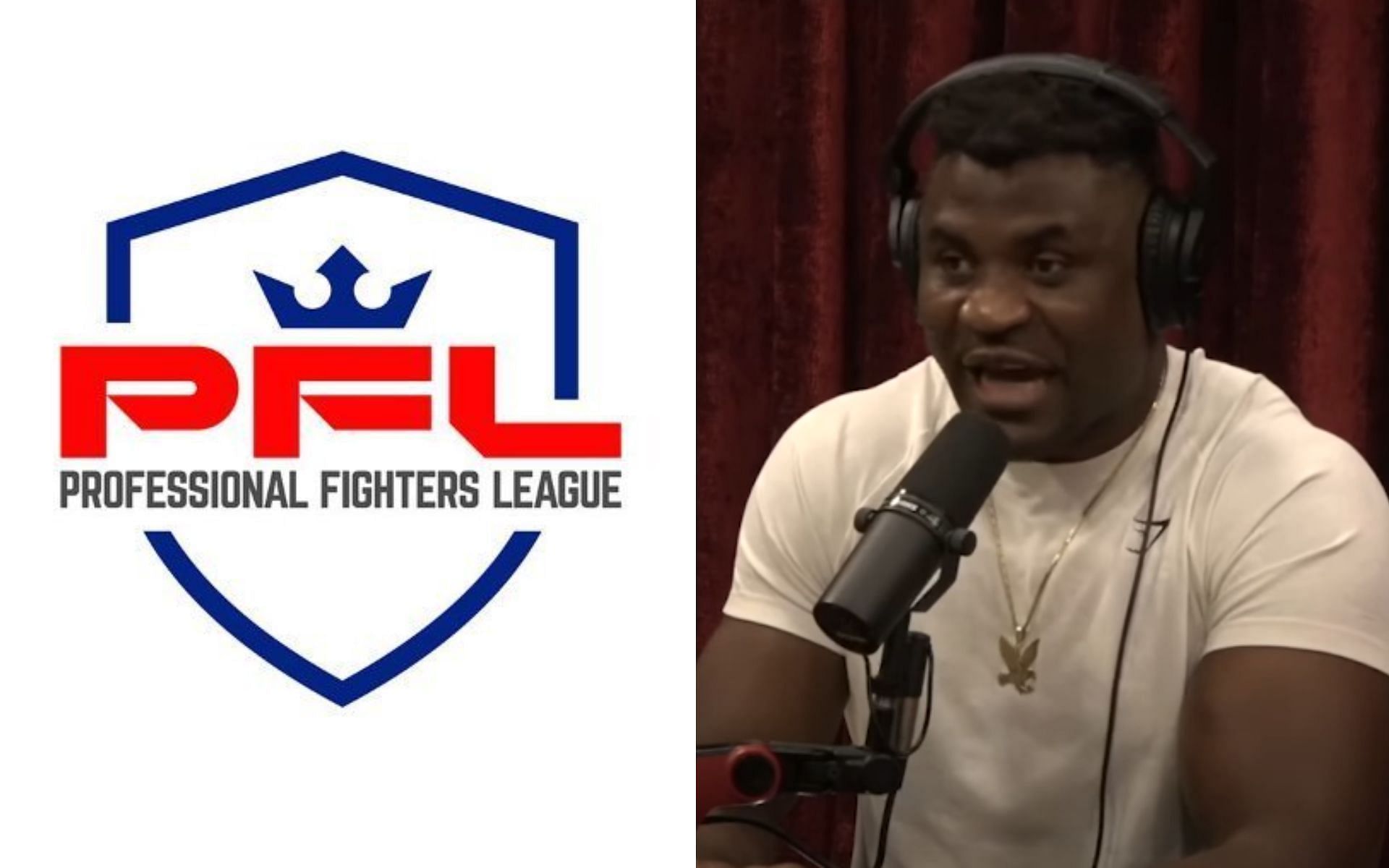 PFL logo [Left], and Francis Ngannou [Right] [Photo credit: @PFLMMA - X, and PowerfulJRE - YouTube]
