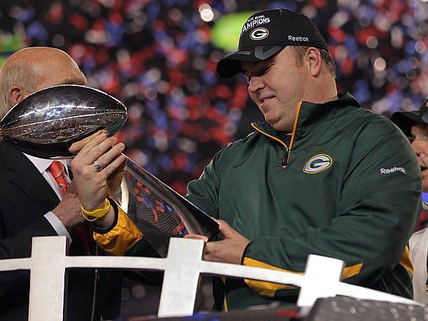 Mike McCarthy with the Lombardi Trophy with Packers