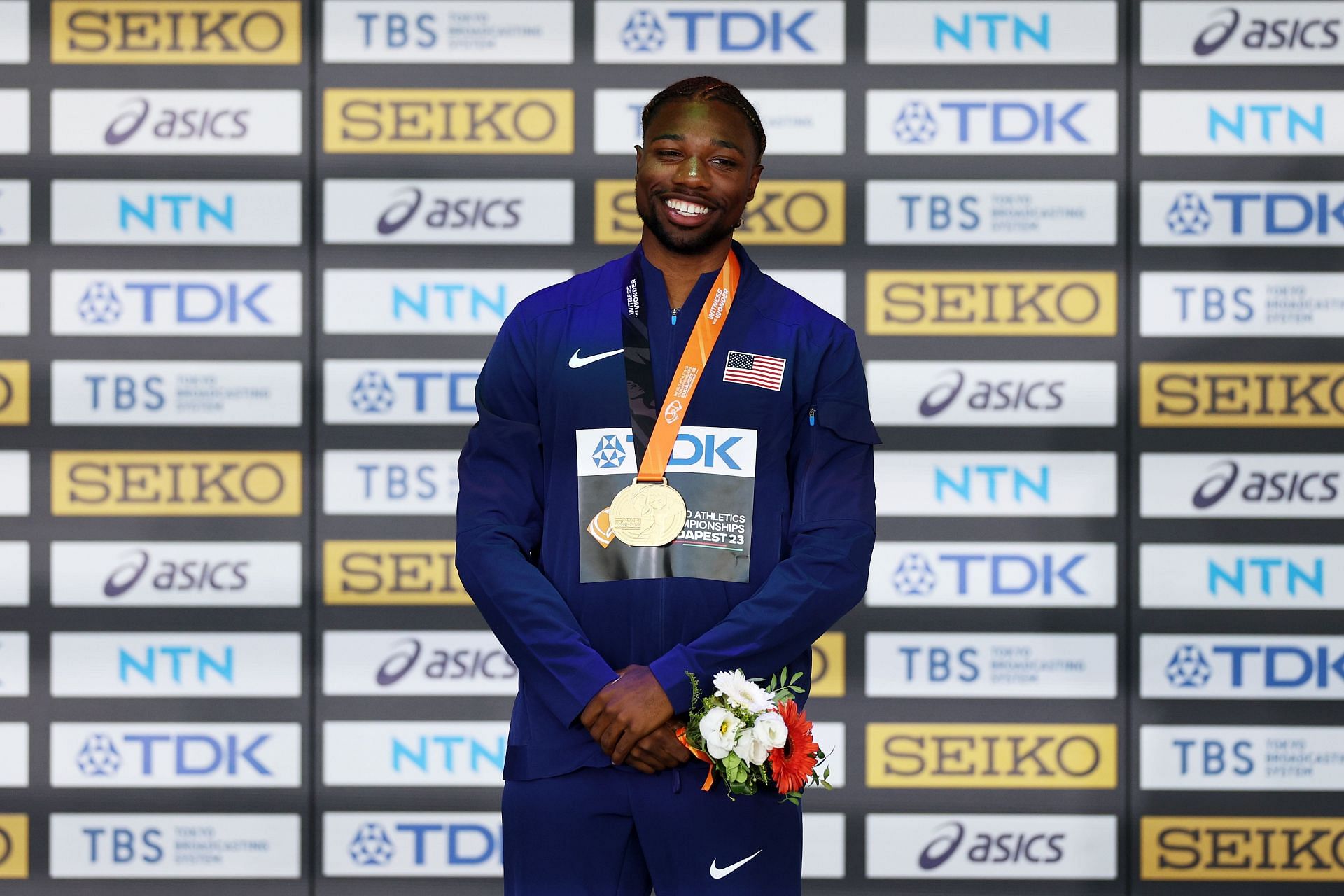Noah Lyles at the medal ceremony for the men&#039;s 200m at the 2023 World Athletics Championships in Budapest, Hungary