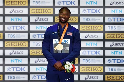 Noah Lyles at the medal ceremony for the men's 200m at the 2023 World Athletics Championships in Budapest, Hungary