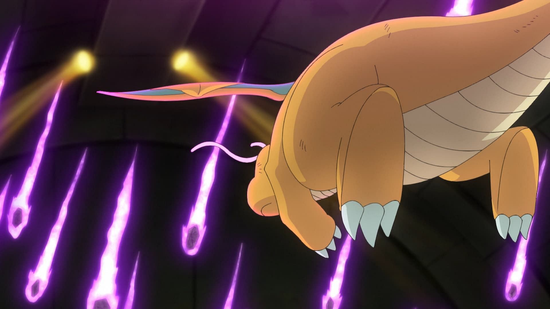 Ash&#039;s Dragonite using Draco Meteor (Image via The Pokemon Company)