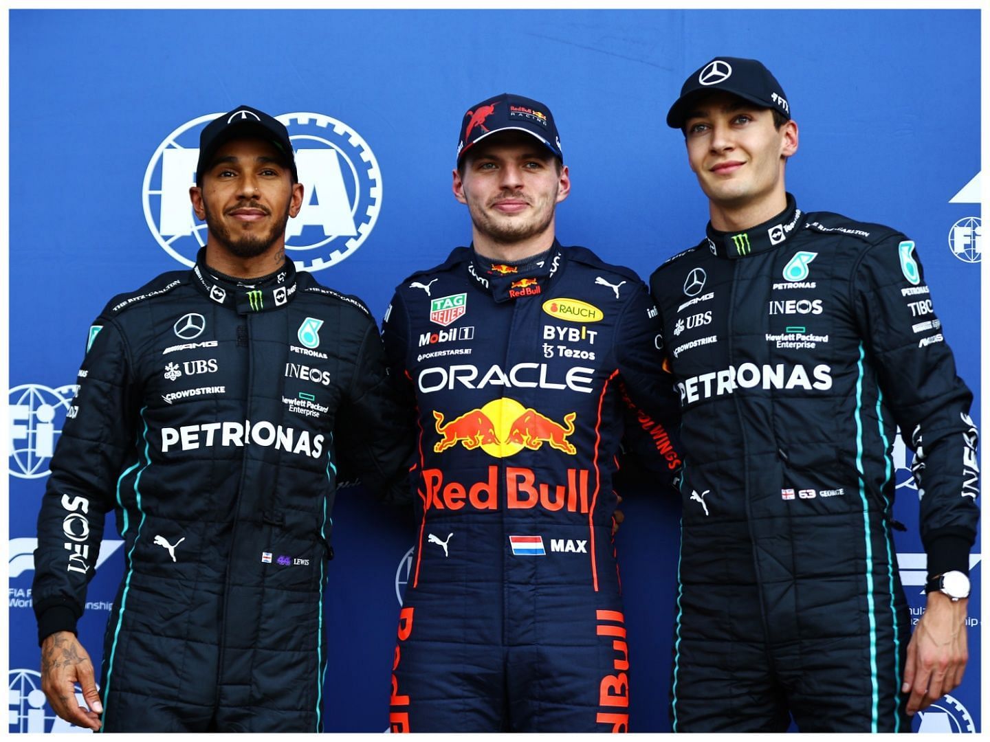Lewis Hamilton Max Verstappen and George Russell