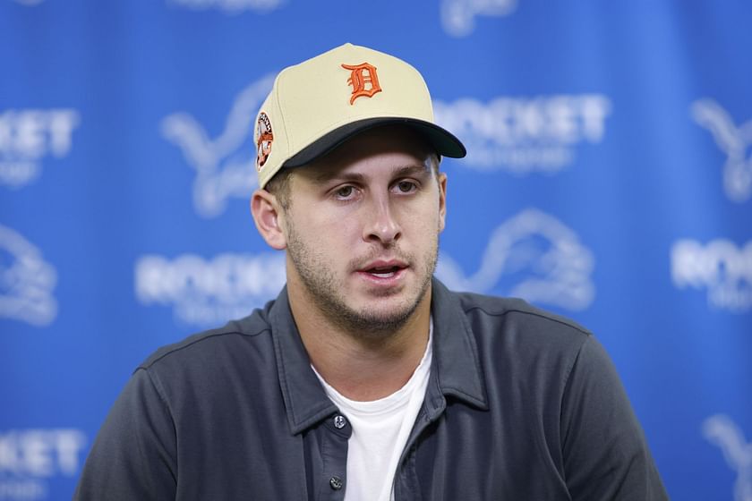 Los Angeles Rams quarterback Jared Goff wears an NFC Champions hat