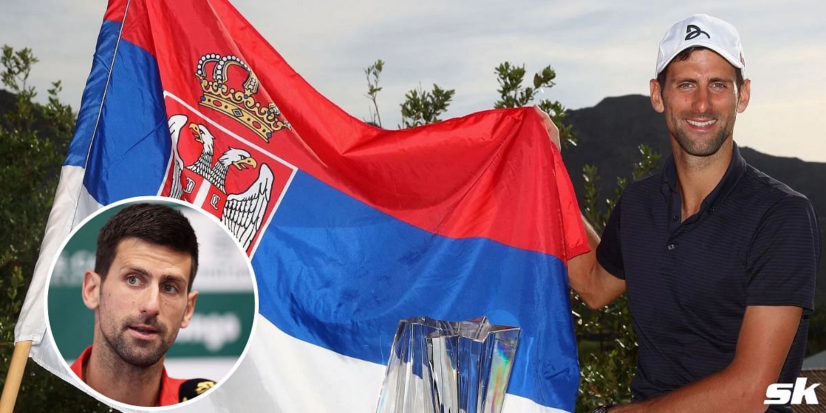 Novak Djokovic holds the Serbian flag.