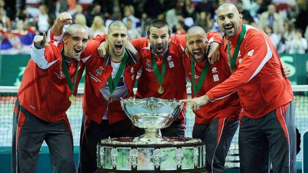 Novak Djokovic and his Serbian teammates celebrate after winning the 2010 Davis Cup title