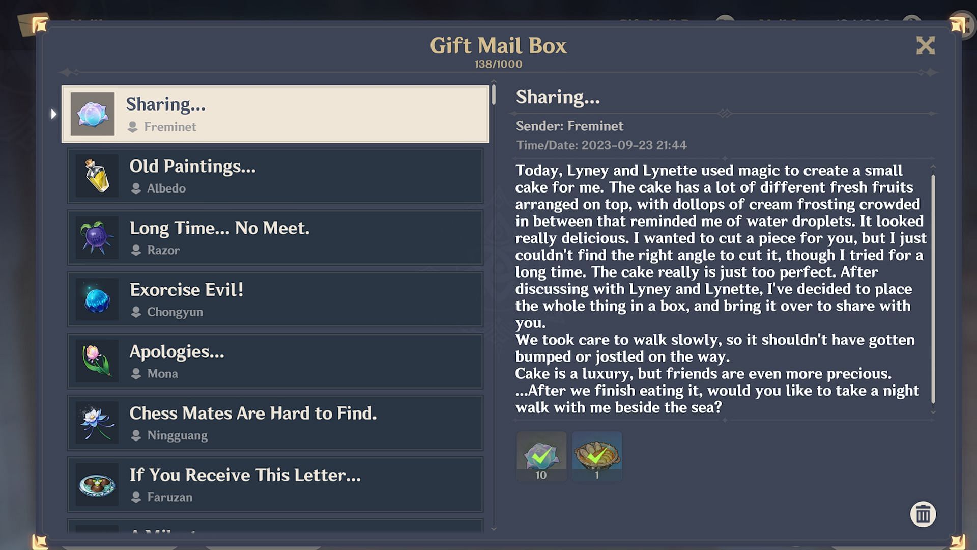 Here is his letter to the player on September 24, 2023 (Image via HoYoverse)