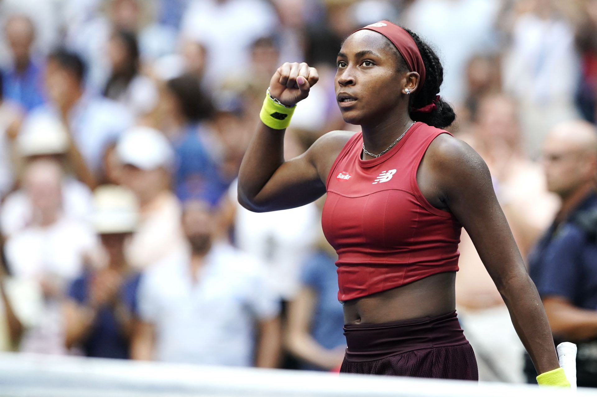 Coco Gauff celebrates her win over Caroline Wozniacki at the US Open