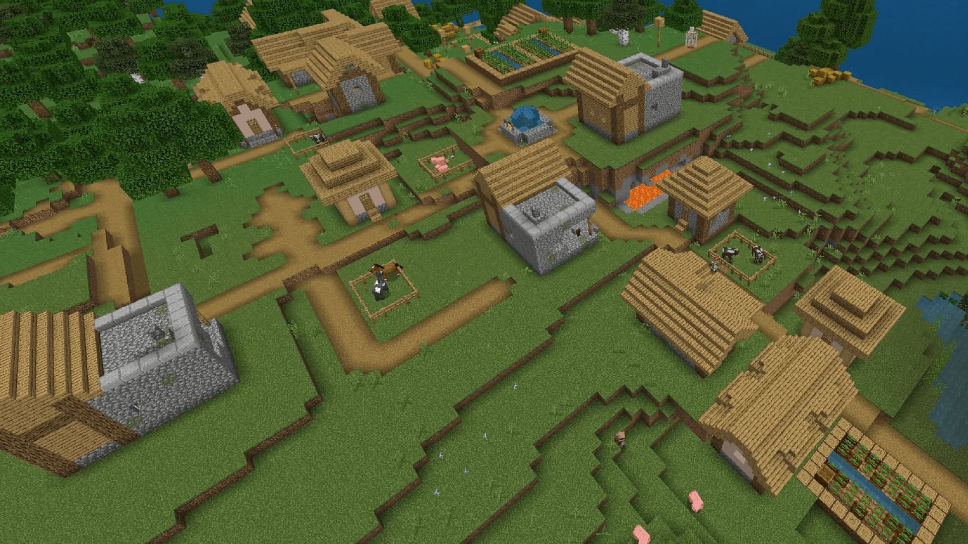 A Minecraft village containing multiple blacksmith shops.