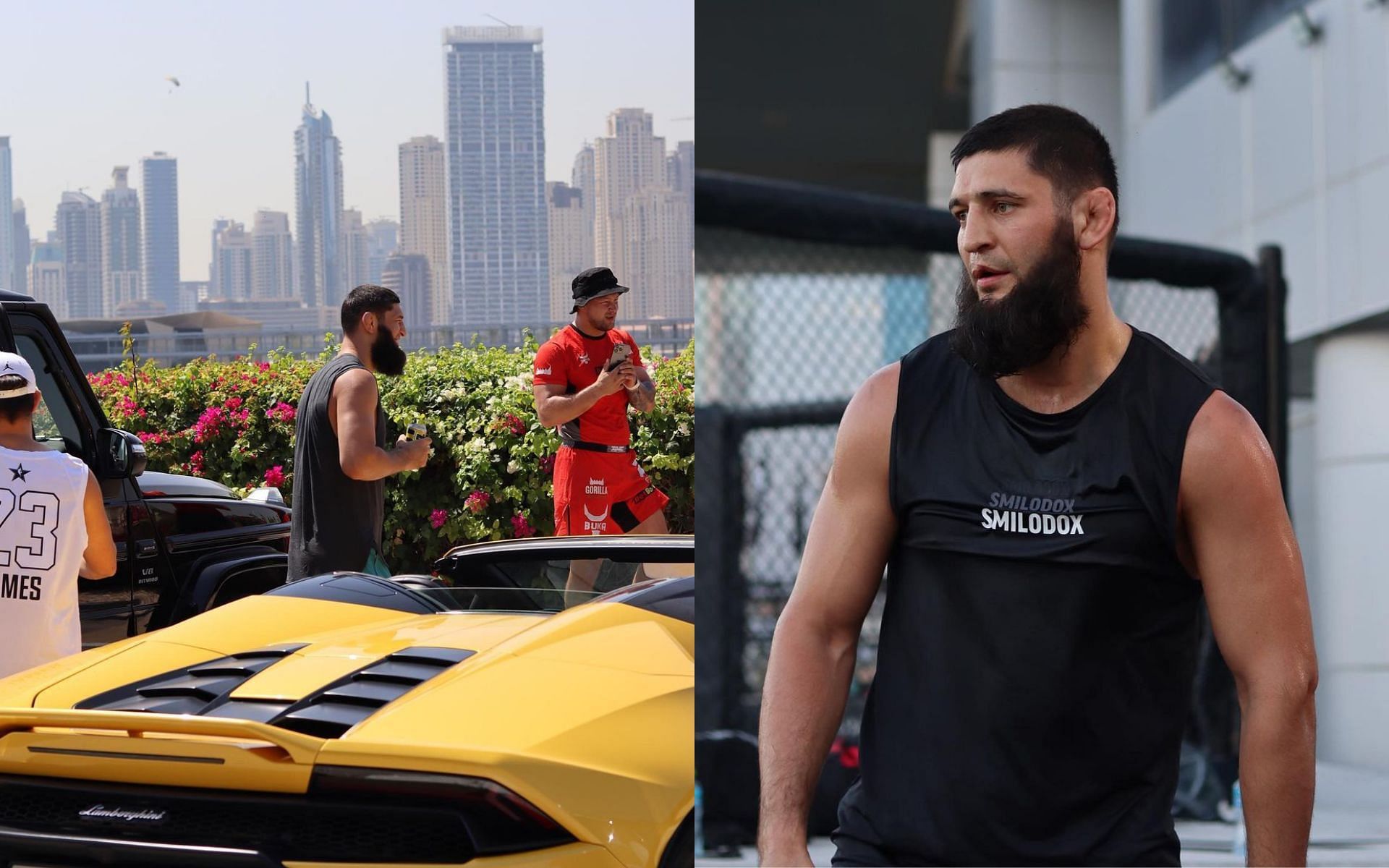 Khamzat Chimaev in Dubai (left) and Khamzat Chimaev training in Dubai (right) (Image credits @khamzat_chimaev on Instagram)