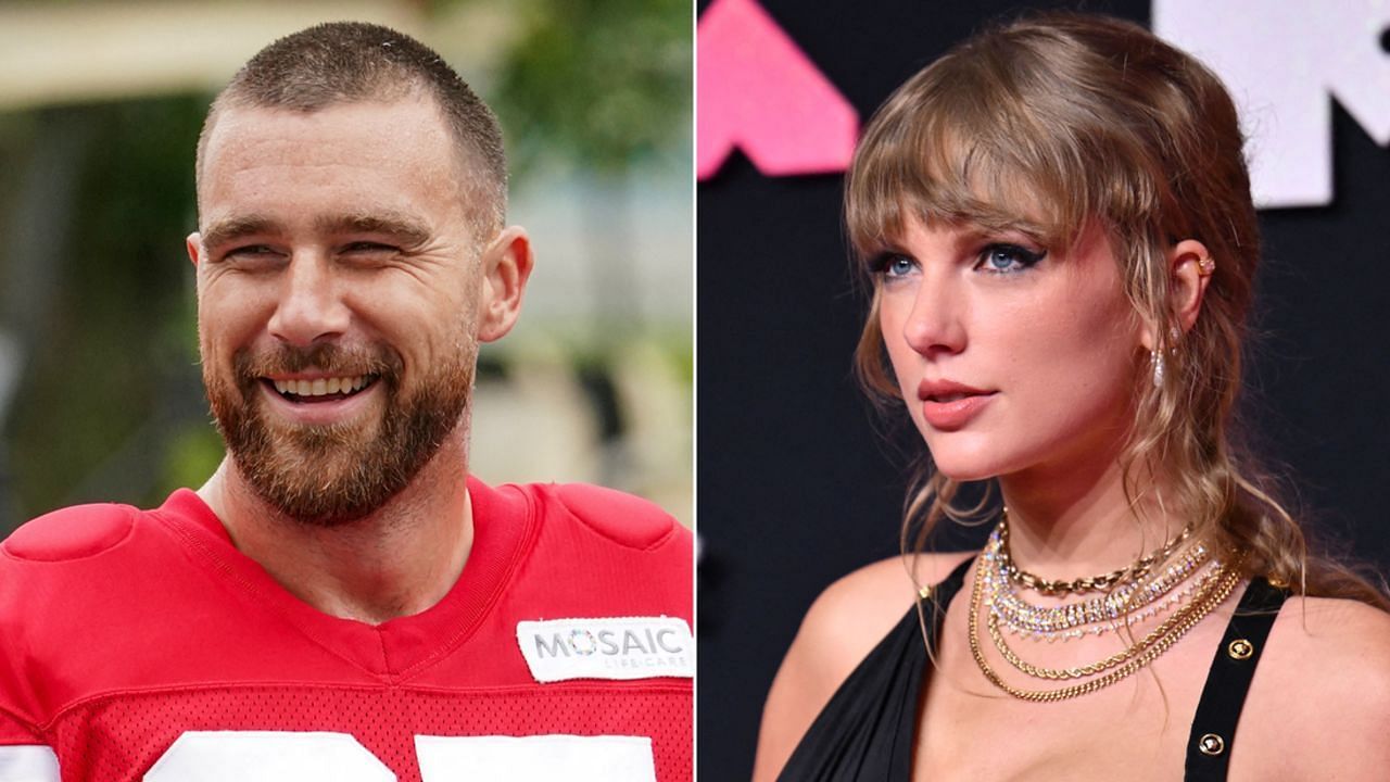 Travis Kelce (L) and Taylor Swift