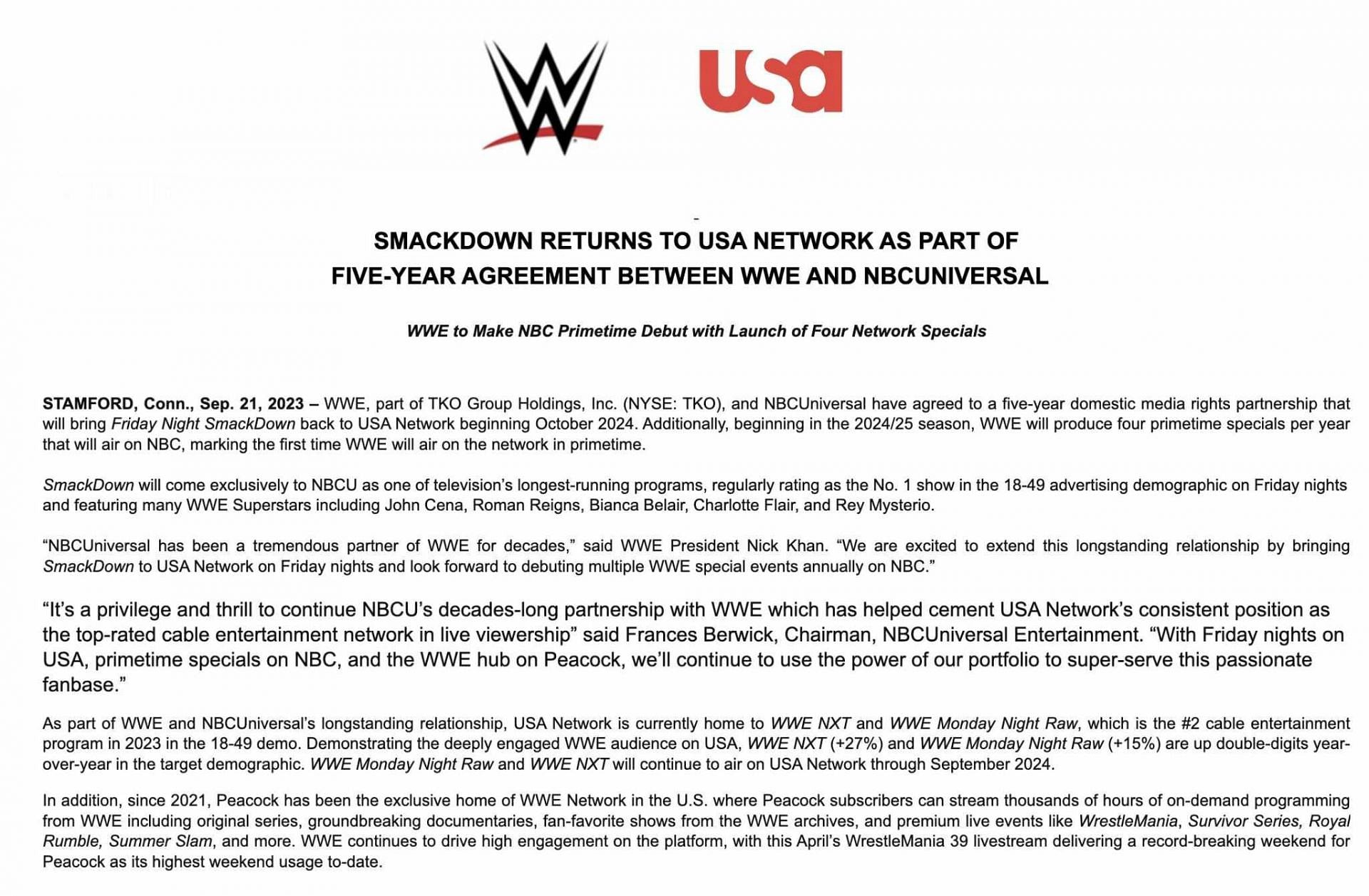 WWE SmackDown will move to USA Network from Fox