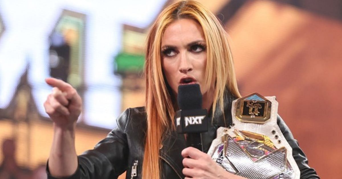 Becky Lynch cutting a promo on NXT.