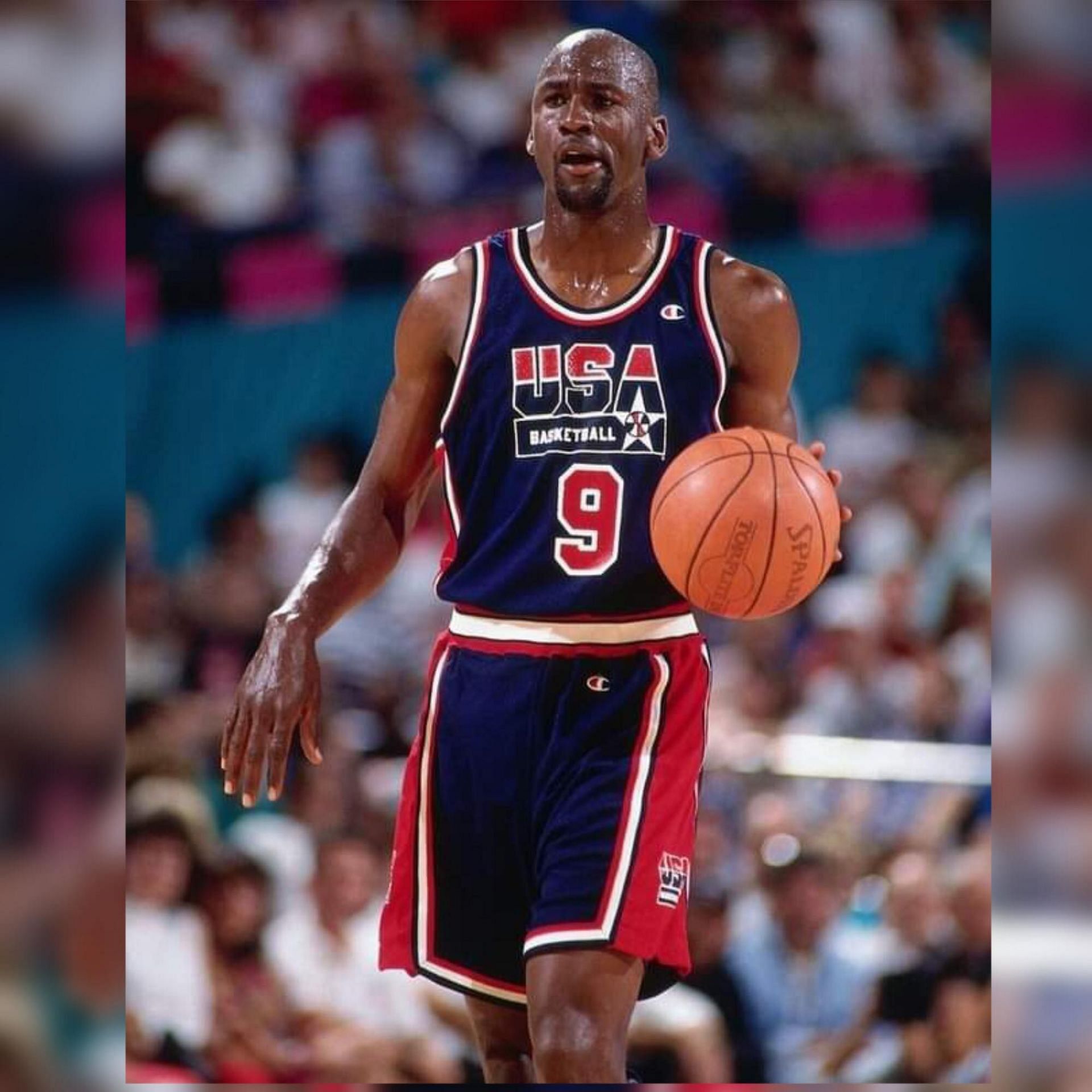 A goatee-sporting Michael Jordan with the Dream Team in the 1992 Barcelona Olympics.
